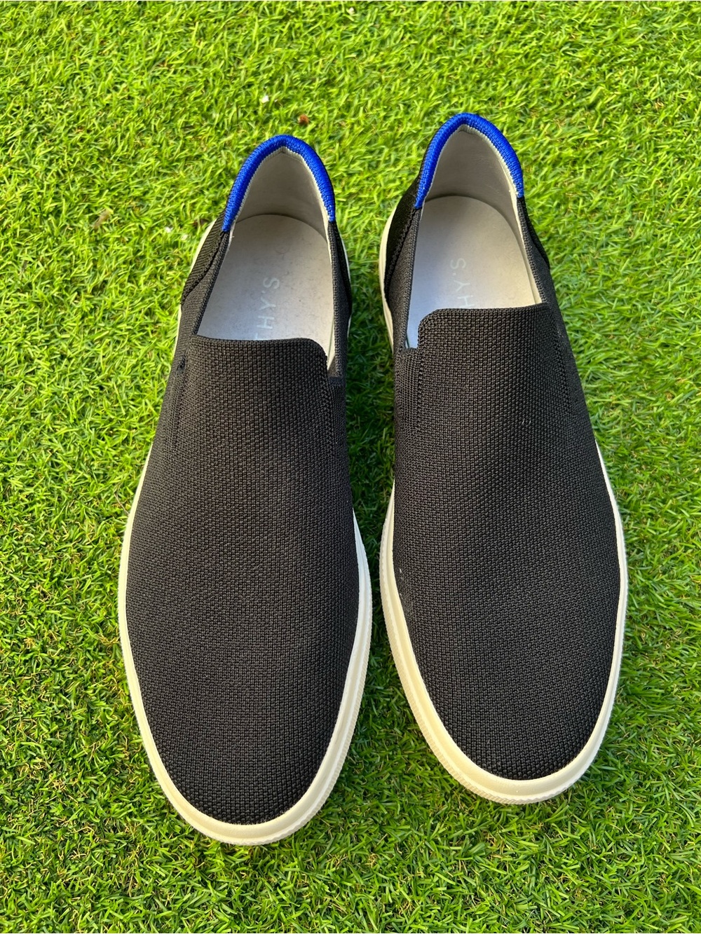 Rothy's Black Slip-On Loafers with Blue Heel Trim